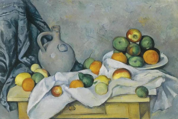 Food & Drink Still Life: Curtain, Jug and Fruit Bowl (Rideau, Cruchon et Compotier), c. 1893-1894 by Paul Cezanne