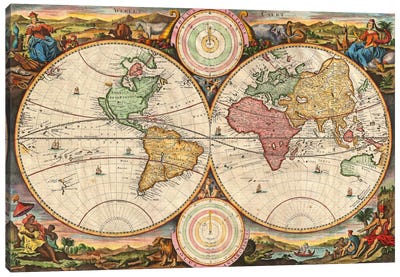 Antique Map of the World in two Hemispheres (1730) Canvas Art Print - World Map Art