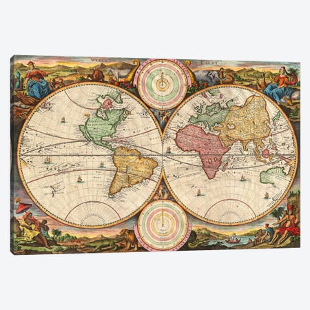Antique Map of the World in two Hemispheres (1730) Canvas Print #11029} by Stoopendaal Canvas Print