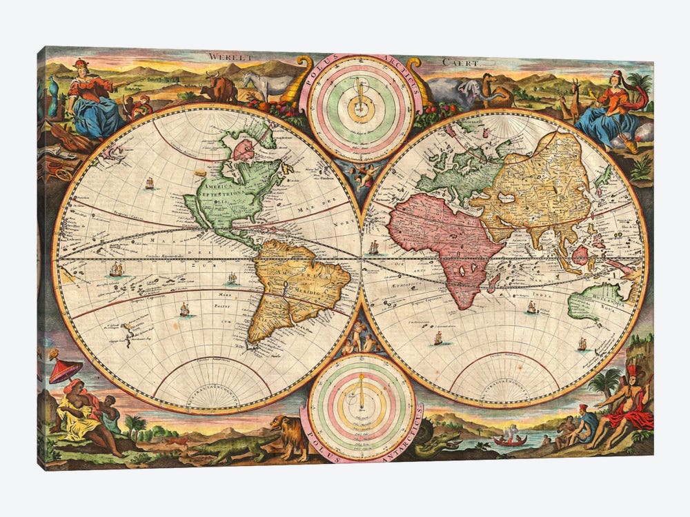 Antique Map of the World in two Hemispheres (1730) by Stoopendaal 1-piece Art Print