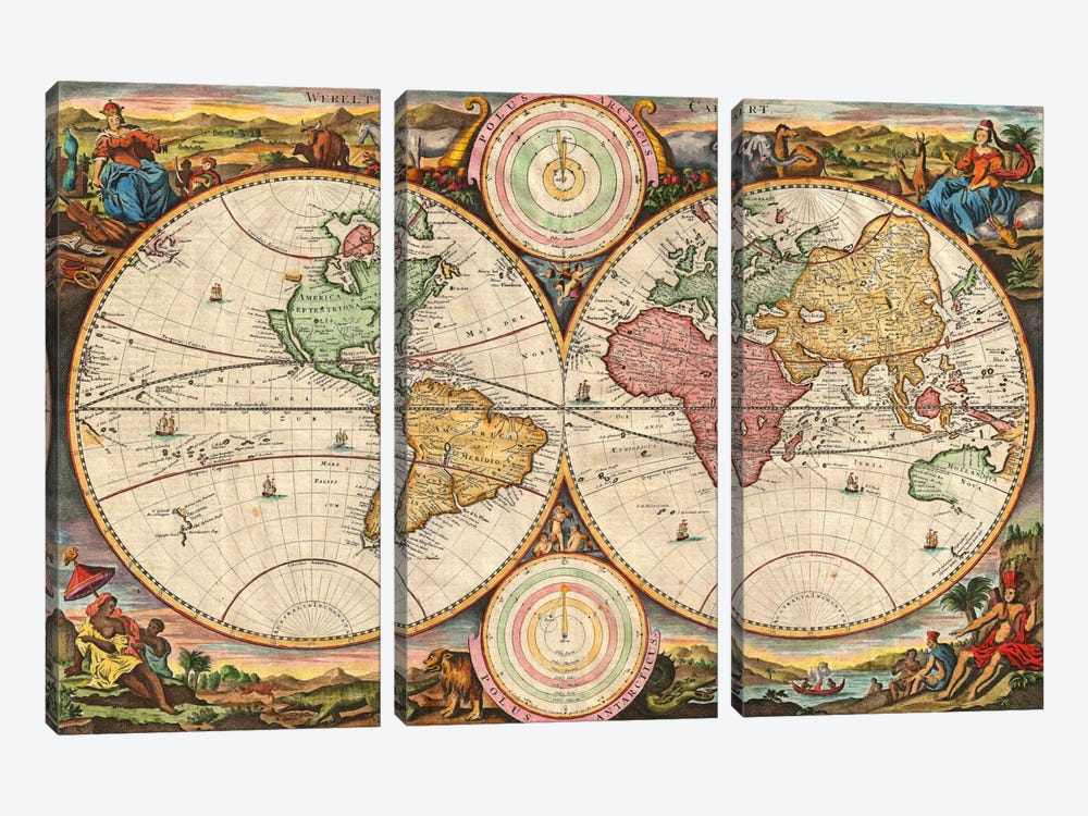 Antique Map of the World in two Hemispheres (1730) by Stoopendaal 3-piece Canvas Art Print
