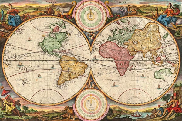 Vintage & Retro: Antique Map of the World in two Hemispheres (1730) by Stoopendaal
