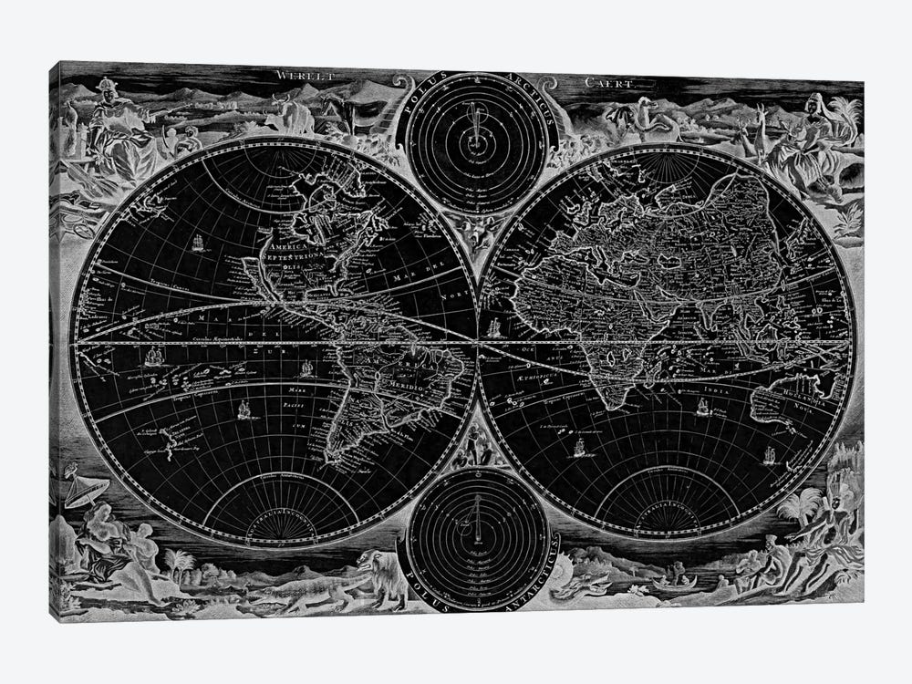 Antique Map of the World in two Hemispheres (1730) (Black) by Stoopendaal 1-piece Art Print