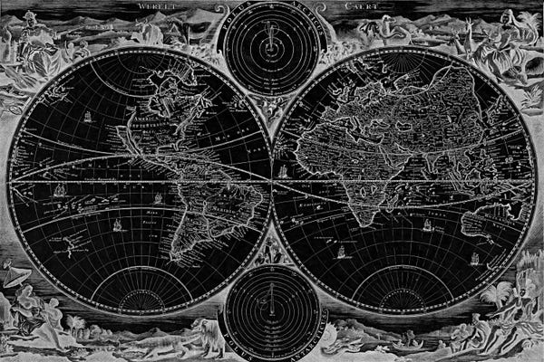 Antiques & Collectibles: Antique Map of the World in two Hemispheres (1730) (Black) by Stoopendaal