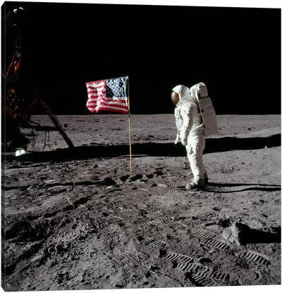 Neil Armstrong Placing American Flag on the Moon Canvas Art Print - Space Exploration Art
