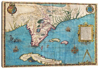 Map of Florida & Cuba (1588) Canvas Art Print - Caribbean Art