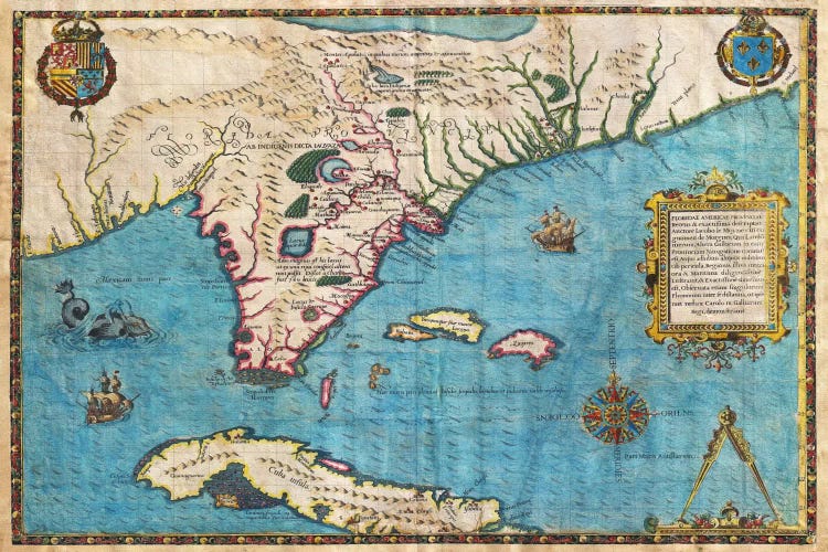 Map of Florida & Cuba (1588) by Jacques le Moyne de Morgues wall art
