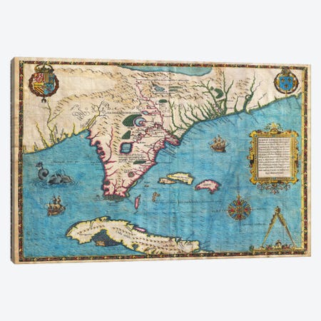 Map of Florida & Cuba (1588) Canvas Print #11070} by Jacques le Moyne de Morgues Canvas Wall Art