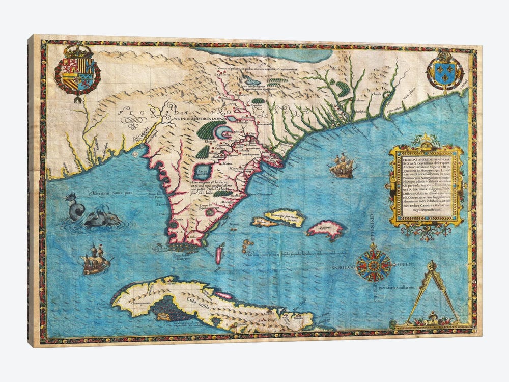 Map of Florida & Cuba (1588) by Jacques le Moyne de Morgues 1-piece Canvas Art Print