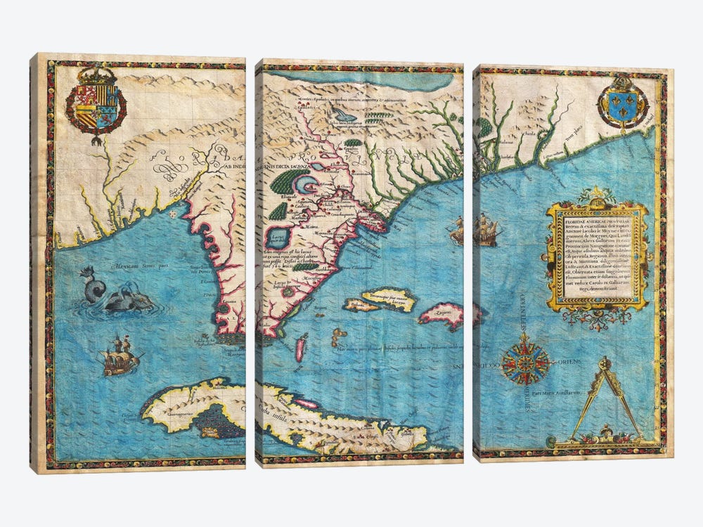 Map of Florida & Cuba (1588) by Jacques le Moyne de Morgues 3-piece Canvas Print