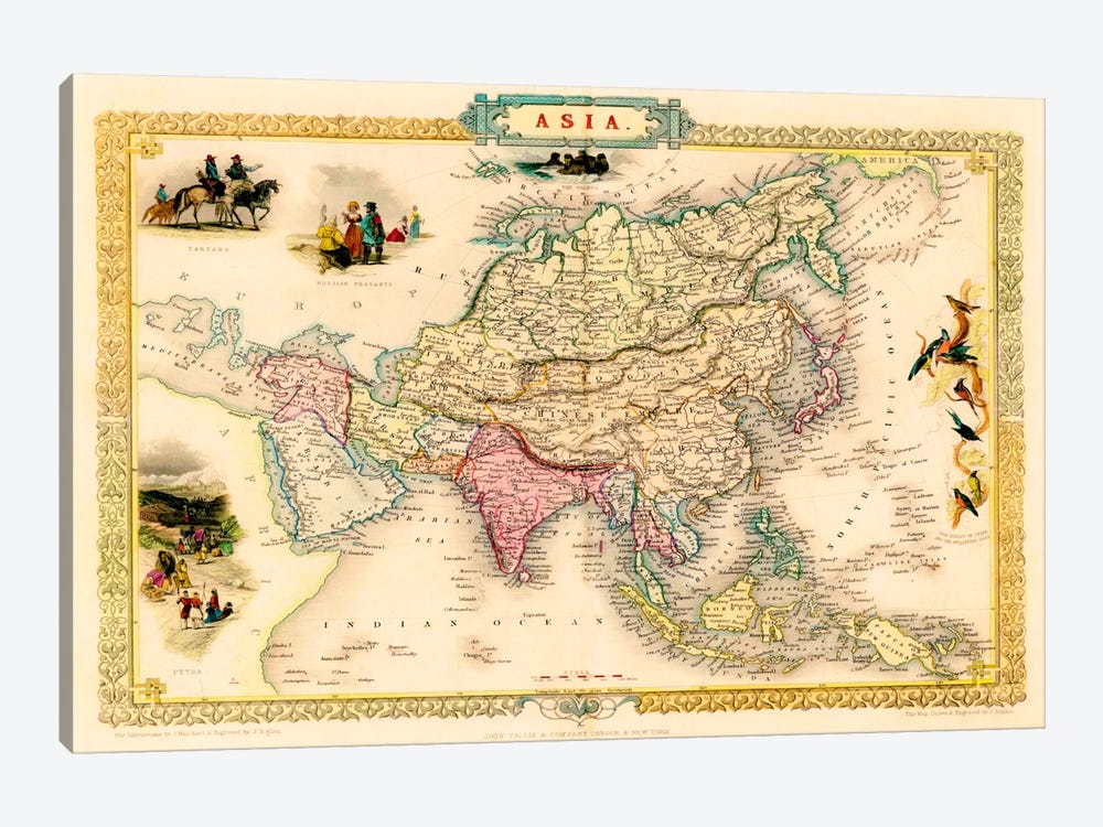 Antique Map of Asia (1851) by John Tallis 1-piece Canvas Print