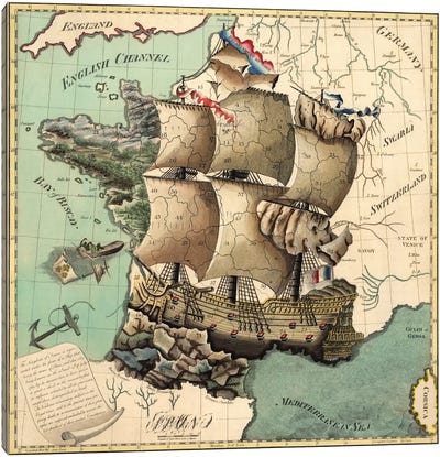 Antique Map of France Canvas Art Print - Kids Nautical Art