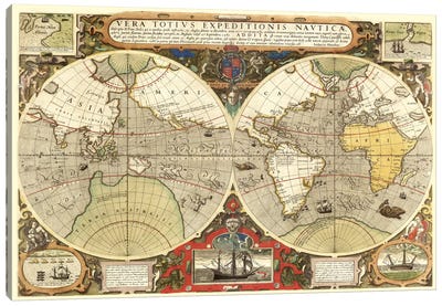 Historical Map of the World (1595) Canvas Art Print - Antique & Collectible Art