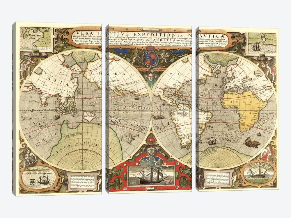 Historical Map of the World (1595) by Unknown Artist 3-piece Canvas Print