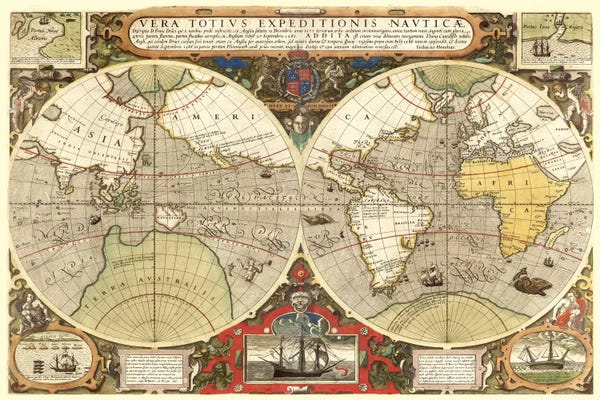 Antiques & Collectibles: Historical Map of the World (1595) by Unknown Artist