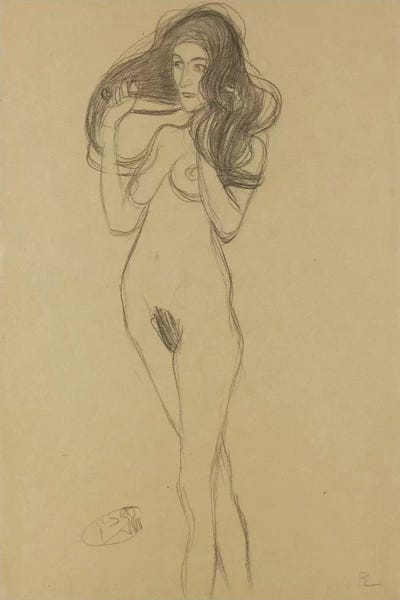 Standing Female Nude Facing Left, Holding Her Hair (Stehender Madchenakt Nach Links, Die Haare Mit Den Handen Haltend) by Gustav Klimt framed wall art