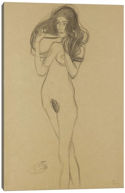 Standing Female Nude Facing Left, Holding Her Hair (Stehender Madchenakt Nach Links, Die Haare Mit Den Handen Haltend) Canvas Art Print - All Things Klimt