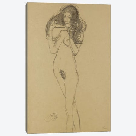 Standing Female Nude Facing Left, Holding Her Hair (Stehender Madchenakt Nach Links, Die Haare Mit Den Handen Haltend) Canvas Print #1115} by Gustav Klimt Canvas Print