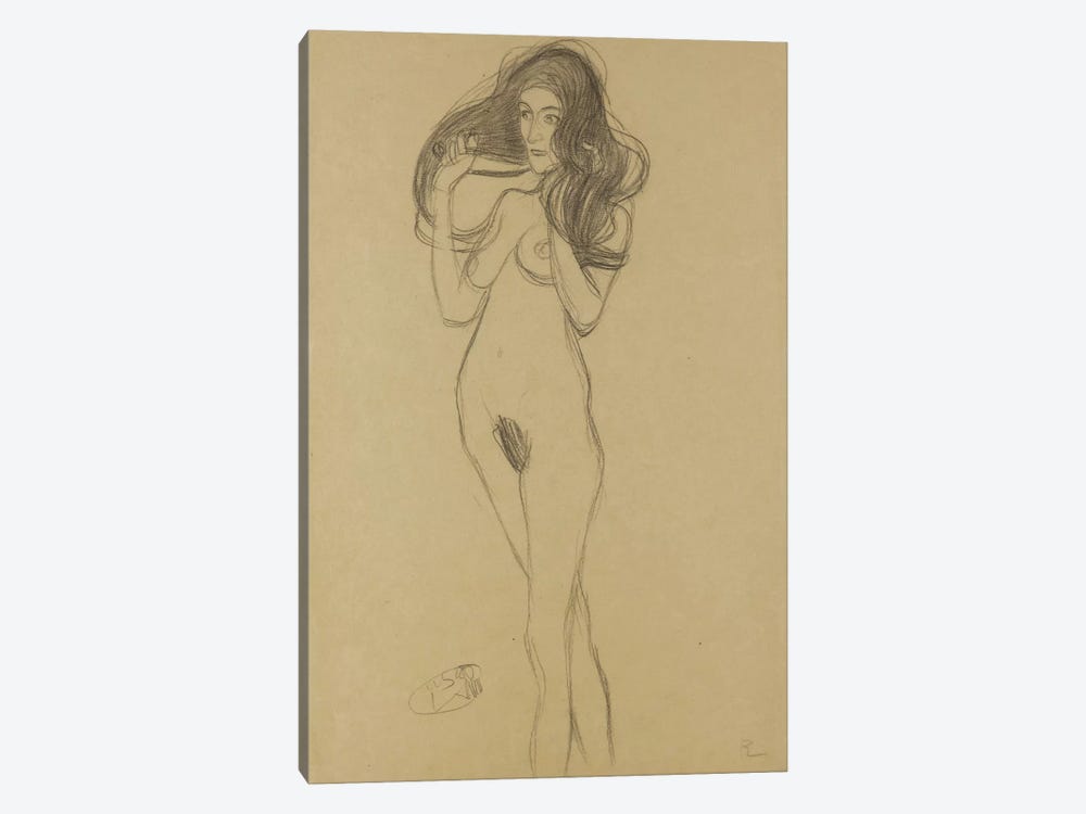 Standing Female Nude Facing Left, Holding Her Hair (Stehender Madchenakt Nach Links, Die Haare Mit Den Handen Haltend) by Gustav Klimt 1-piece Canvas Print