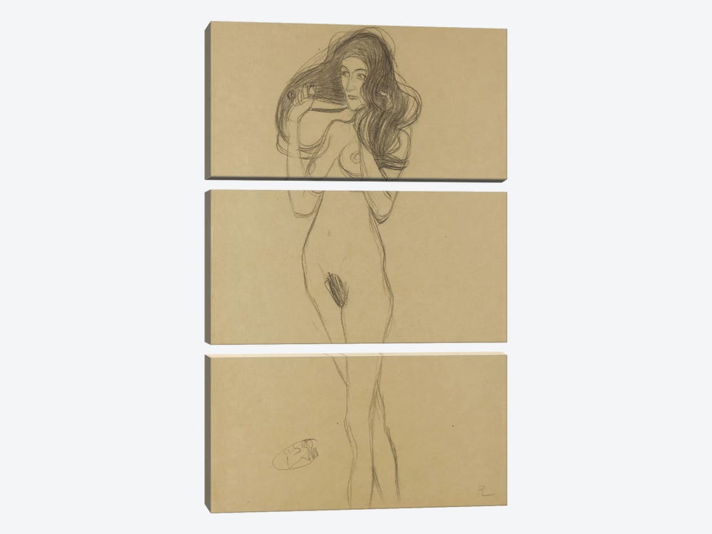Standing Female Nude Facing Left, Holding Her Hair (Stehender Madchenakt Nach Links, Die Haare Mit Den Handen Haltend) by Gustav Klimt 3-piece Canvas Print