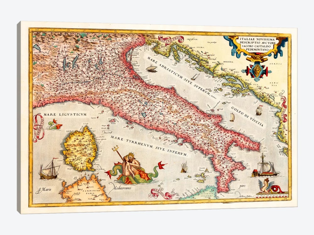 Antique map of Italy by Unknown Artist 1-piece Canvas Wall Art