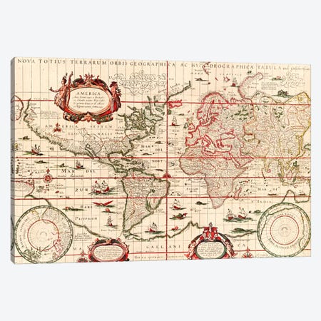 Antique World Map (Blaeu, Willem Janszoon, 1606) Canvas Print #11228} by Unknown Artist Canvas Art Print