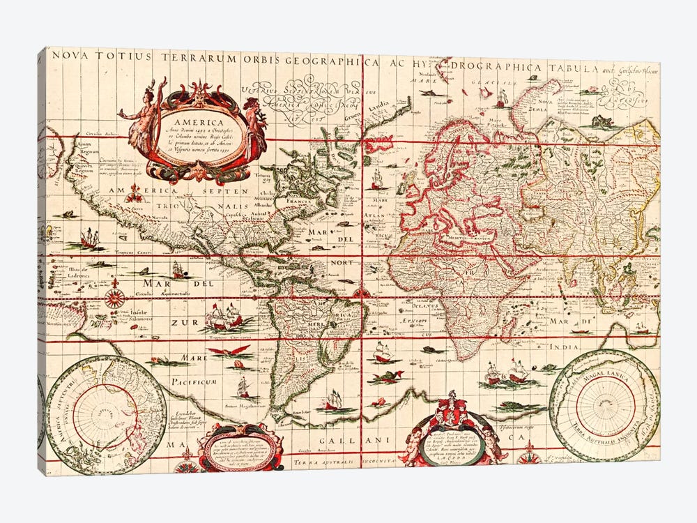 Antique World Map (Blaeu, Willem Janszoon, 1606) by Unknown Artist 1-piece Canvas Print