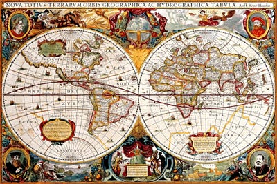 Antique Double Hemisphere Map Of The - Canvas Artwork | Unknown Artist