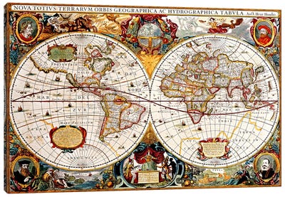 Antique Double Hemisphere Map of The World (Hondius, Henricus c 1630) Canvas Art Print - Maps