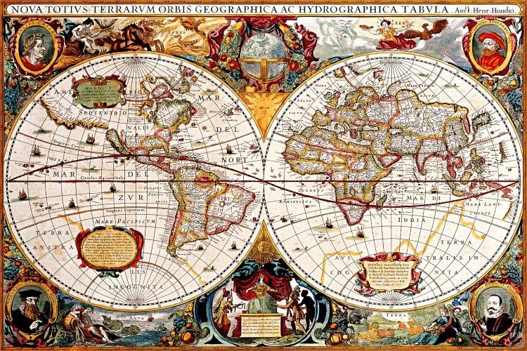 Antique Double Hemisphere Map of The World (Hondius, Henricus c 1630)