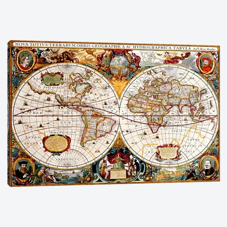Antique Double Hemisphere Map of The World (Hondius, Henricus c 1630) Canvas Print #11252} by Unknown Artist Canvas Artwork