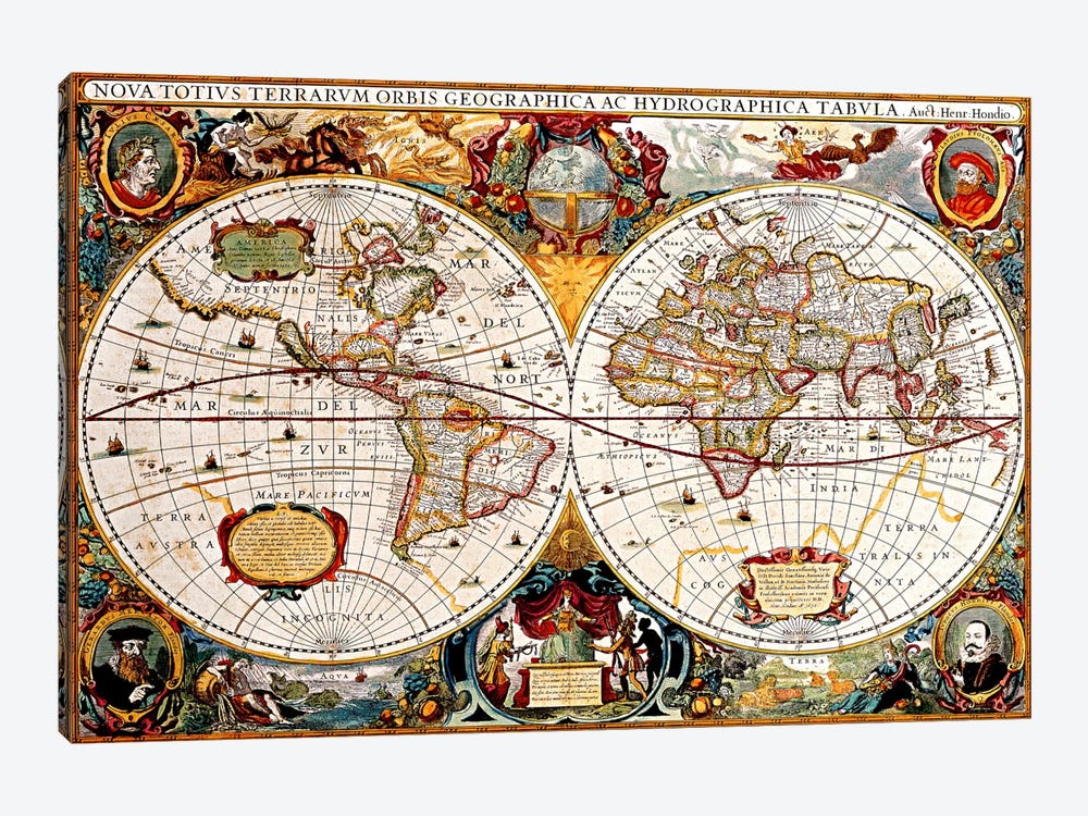 Antique Double Hemisphere Map of The World (Hondius, Henricus c 1630) by Unknown Artist 1-piece Canvas Wall Art