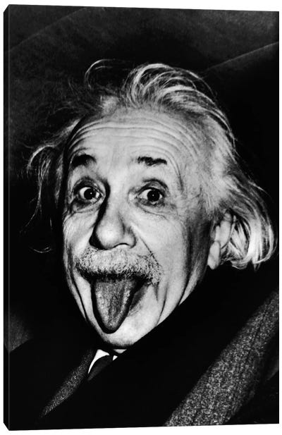Albert Einstein, Sticking His Tongue Out Canvas Art Print - Black & White Pop Culture Art