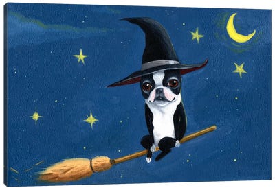 Witch On A Broom Canvas Art Print - Helloween