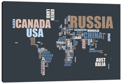 World Map in Words Canvas Art Print - Abstract Maps Art