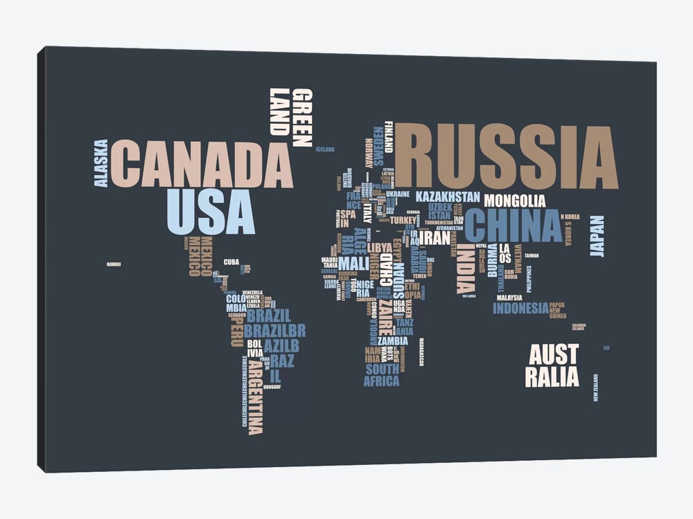 World Map in Words 1-piece Canvas Art Print