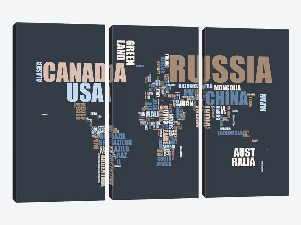 World Map in Words 3-piece Canvas Print