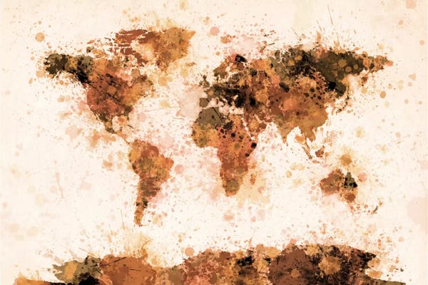 Abstract Watercolors: Bronze Paint Splash World Map by Michael Tompsett