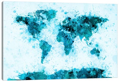 World Map Paint Splashes (Blue) Canvas Art Print - Blue & White Art