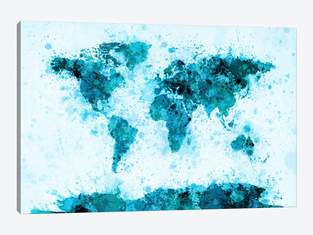 World Map Paint Splashes (Blue) by Michael Tompsett 1-piece Canvas Art Print