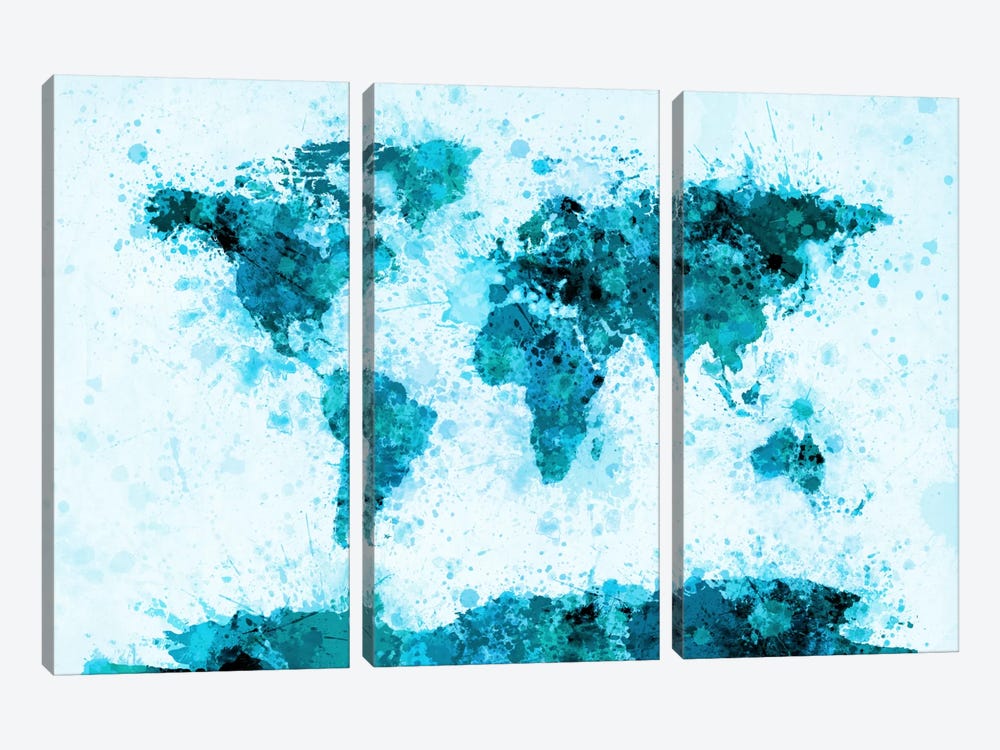 World Map Paint Splashes (Blue) 3-piece Canvas Art Print
