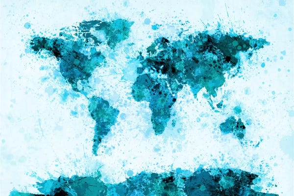 Michael Tompsett: World Map Paint Splashes (Blue) by Michael Tompsett