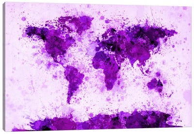 World Map Paint Splashes (Purple) Canvas Art Print - Abstract Maps Art