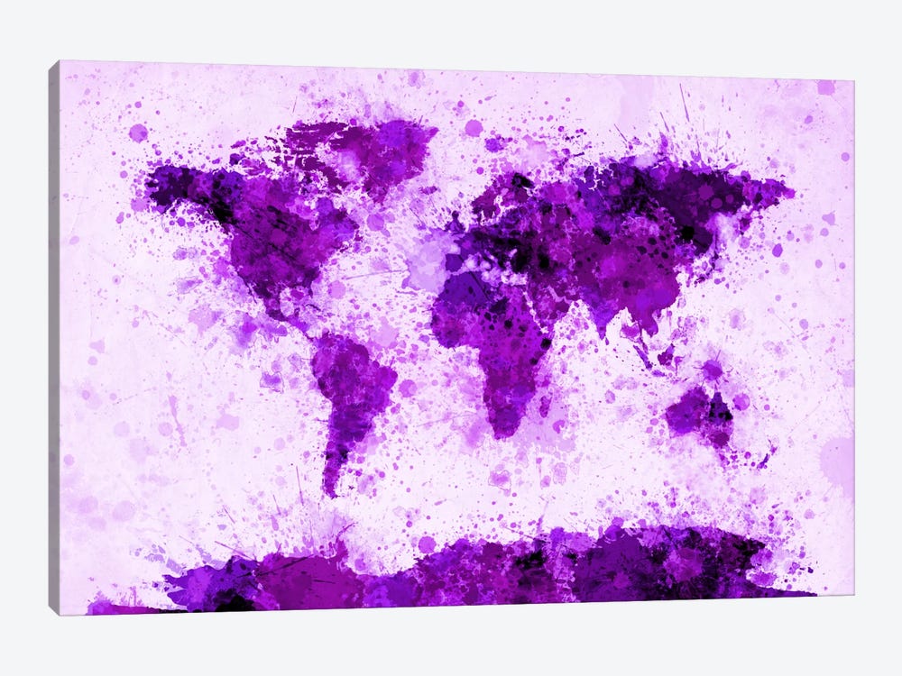 World Map Paint Splashes (Purple) by Michael Tompsett 1-piece Canvas Art