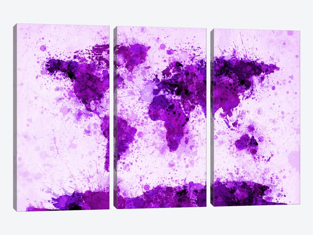 World Map Paint Splashes (Purple) by Michael Tompsett 3-piece Canvas Artwork