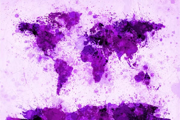 Large Map Art - Canvas Prints: World Map Paint Splashes (Purple) by Michael Tompsett