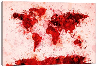 World Map Paint Splashes (Red) Canvas Art Print - Maps & Geography
