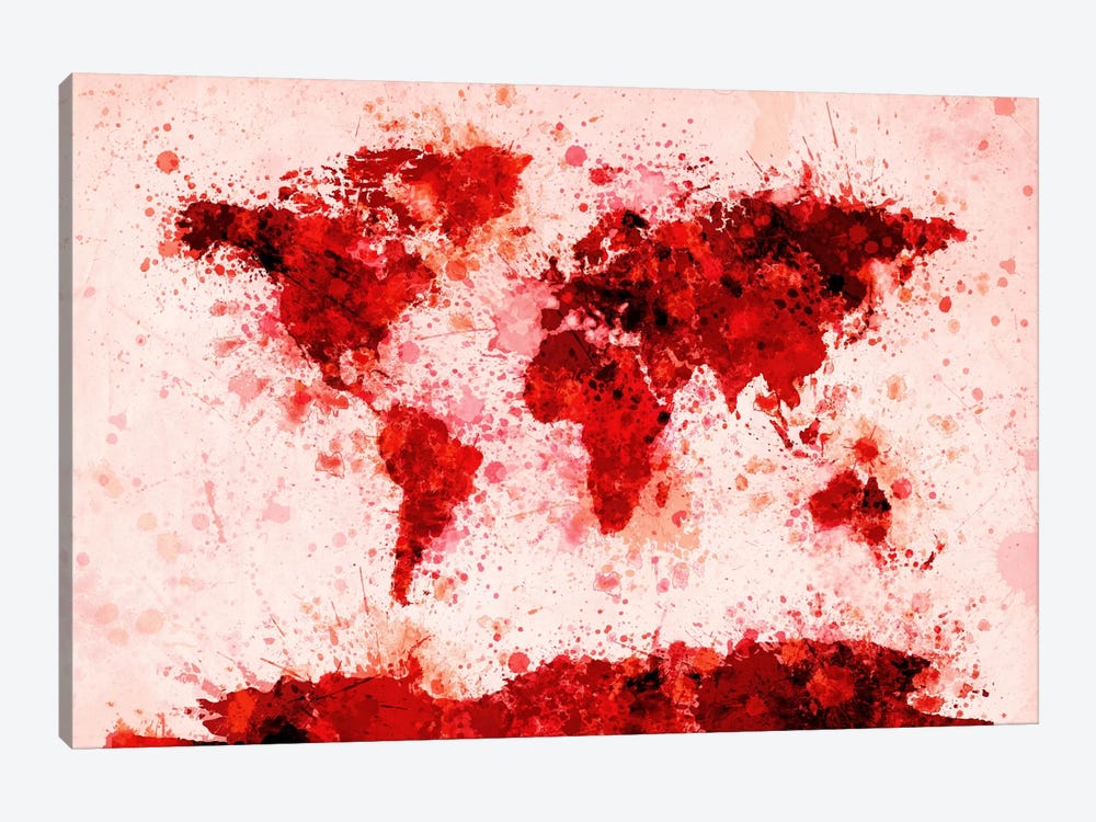 World Map Paint Splashes (Red) by Michael Tompsett 1-piece Canvas Art Print