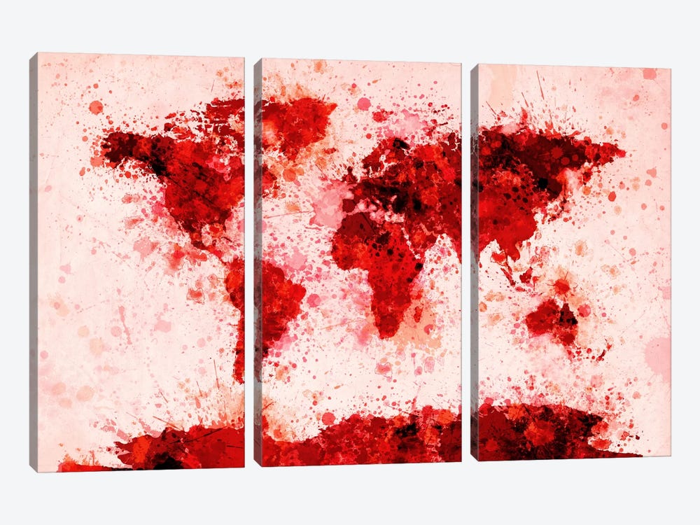 World Map Paint Splashes (Red) by Michael Tompsett 3-piece Art Print