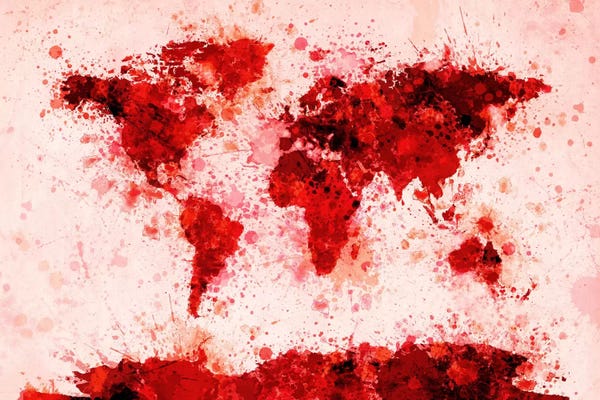 Michael Tompsett: World Map Paint Splashes (Red) by Michael Tompsett
